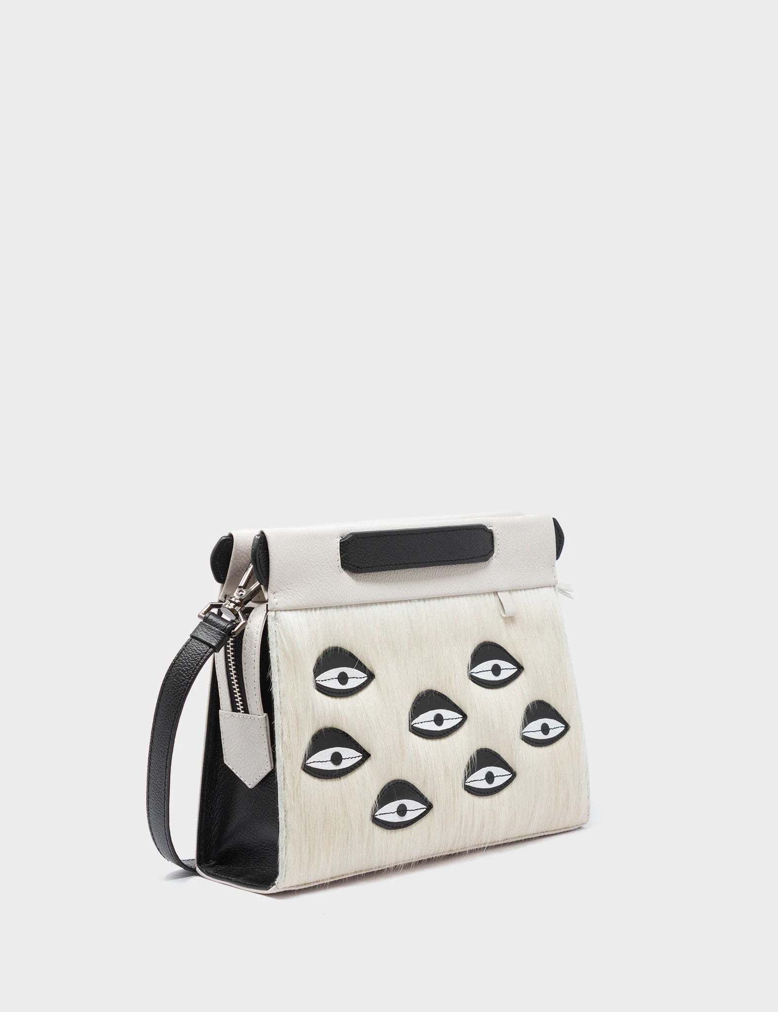 Everyday tan crossbody bag-Vali Crossbody Small Cream Leather Bag - Eyes Applique Adjustable Handle