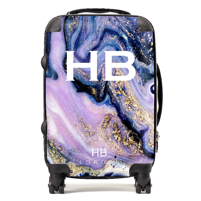 lavish suitcase for rich vacations -Personalised Purple and Gold Liquid Marble with White Font Initial Suitcase