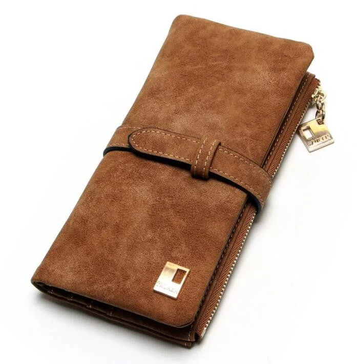 Soft tan purses & wallets-2018 New Fashion Women Wallets Drawstring Nubuck Leather Zipper Wallet Women'S Long Design Purse