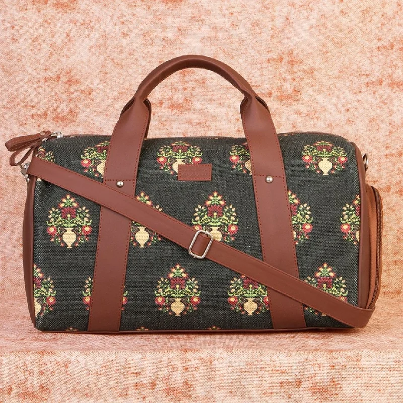 tiny duffel bags for small flights -Royal Green Mogra Print Medium Duffel Bag