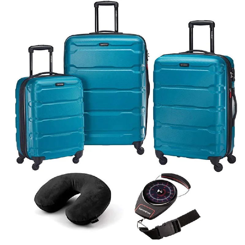 work suitcase for business journeys -Samsonite 68311-2479 Omni Hardside Luggage Nested Spinner Set (20 Inch, 24 Inch, 28 Inch) - Caribbean Blue Bundle with Microbead Neck Pillow with Travel Pouch and Manual Luggage Scale