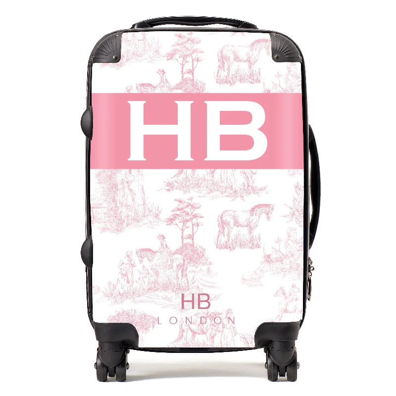 cool suitcase for trendy journeys -Personalised Pink French Toile with Original Font Initial Suitcase