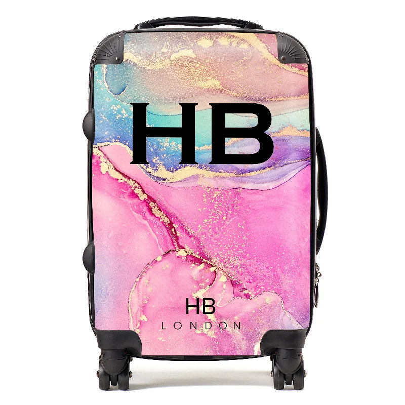 tough suitcase for frequent journeys -Personalised Pink Galaxy and Gold Ink Marble with Black Font Initial Suitcase