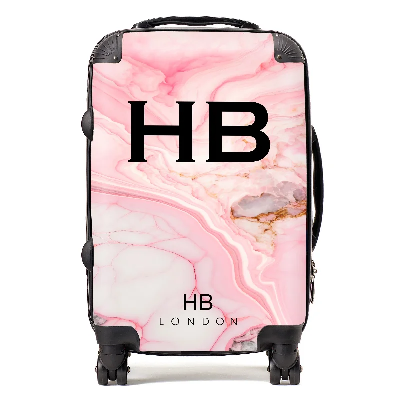 practical suitcase for group travel -Personalised Pink Granite Marble with Black Font Initial Suitcase