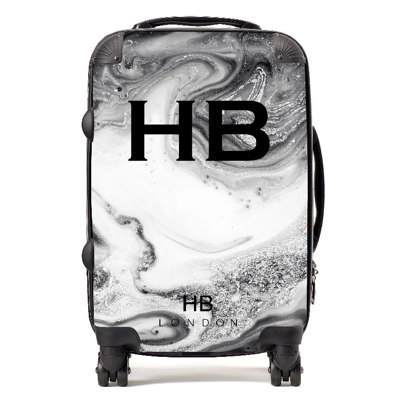 ritzy suitcase for plush trips -Personalised Grey and White Liquid Marble with Black Font Initial Suitcase