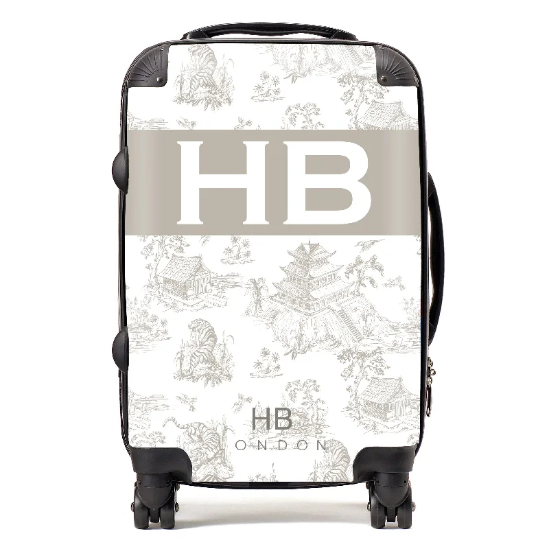 bargain suitcase for road travel -Personalised Greige Oriental Toile with Original Font Initial Suitcase