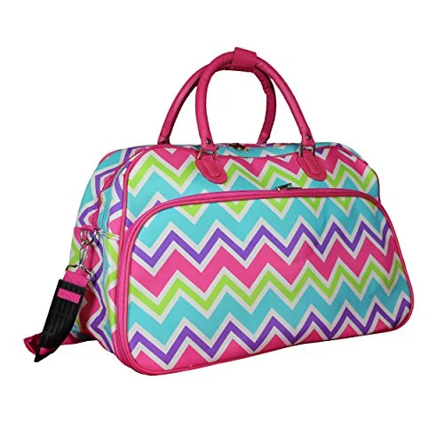 olive duffel bags for outdoor trips -World Traveler 21" Carry-On Shoulder Tote Duffel Bag, Pink Trim Chevron Multi, One Size