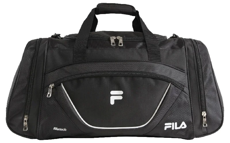 heavy duffel bags for large loads -Fila Acer Large Sport Duffel Bag, Black/White, One Size