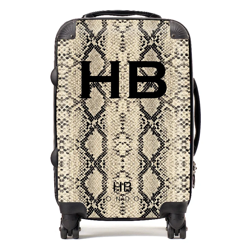 elite suitcase for superior quality -Personalised Beige Snake Skin Print with Black Font Initial Suitcase