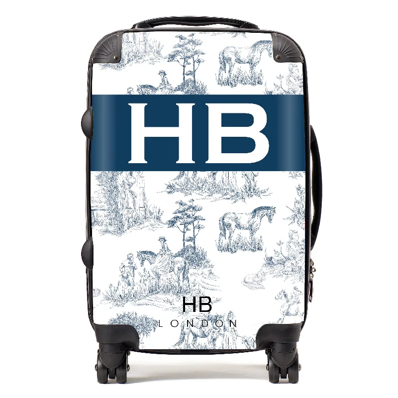 storm-proof suitcase for wet climates -Personalised Navy French Toile with Original Font Initial Suitcase