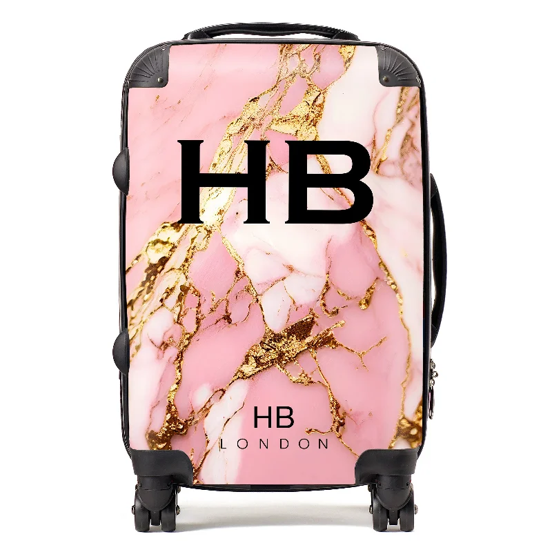 designer suitcase for fashion-forward trips -Personalised Pink and Gold Granite Marble with Black Font Initial Suitcase