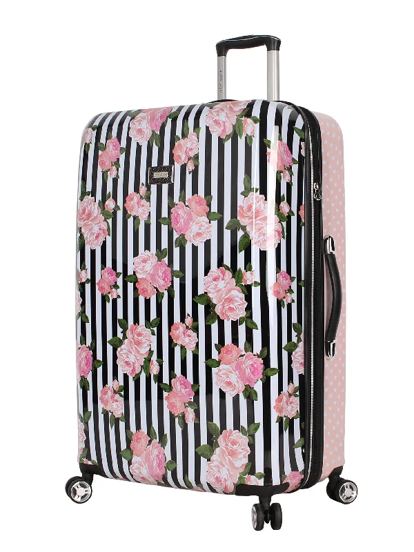 men’s suitcase for sharp style -Betsey Johnson 30 Inch Checked Luggage Collection - Expandable Scratch Resistant (ABS + PC) Hardside Suitcase - Designer Lightweight Bag with 8-Rolling Spinner Wheels (Stripe Roses)