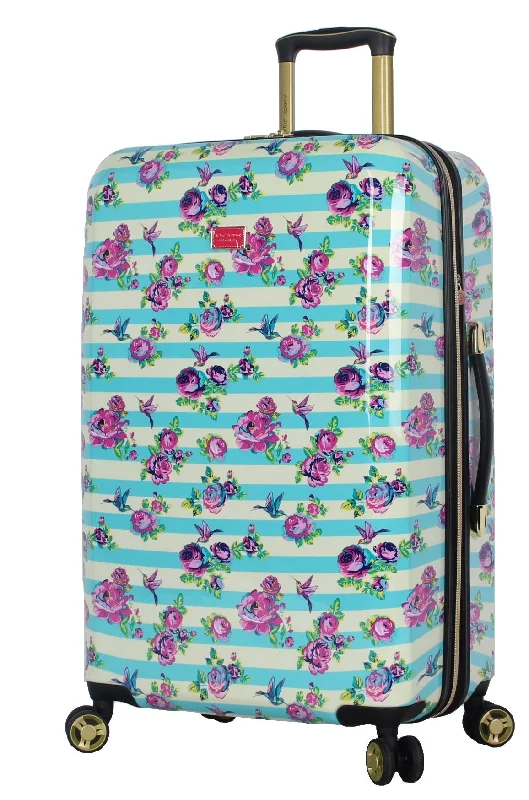 throwback suitcase for old charm -Betsey Johnson 26 Inch Checked Luggage Collection - Expandable Scratch Resistant (ABS + PC) Hardside Suitcase - Designer Lightweight Bag with 8-Rolling Spinner Wheels (Stripe Floral Hummingbird)