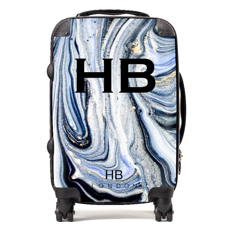 trendy suitcase for cool trips -Personalised Blue and White Liquid Marble with Black Font Initial Suitcase