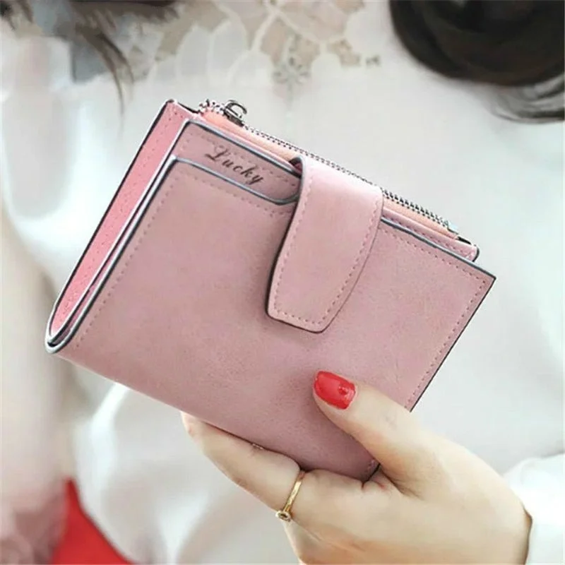 Bold geometric purses & wallets-Fashion Small Female Purse Short Purse Lady Letter Snap Fastener Zipper Short Clutch Wallet Solid