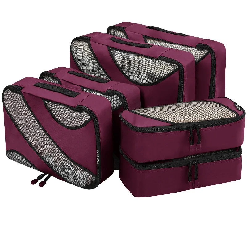 rolling suitcase for busy terminals -6 Set Packing Cubes,3 Various Sizes Travel Luggage Packing Organizers (Burgundy)