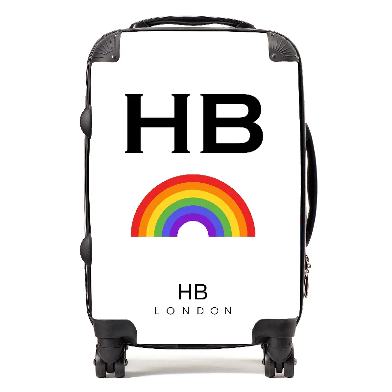 strong suitcase for heavy journeys -Personalised White Pride Rainbow with Black Font Initial Suitcase