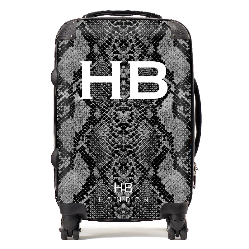 solid suitcase for tough trips -Personalised Black Snake Skin Print with White Font Initial Suitcase