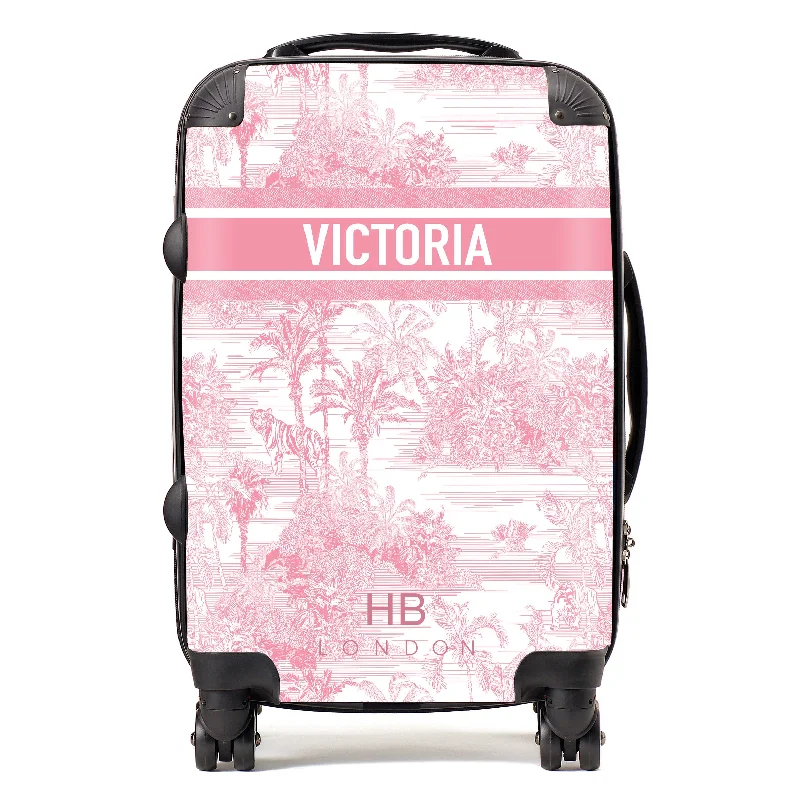 water-repellent suitcase for rainy days -Personalised Pink Tiger Toile with Designer Font Initial Suitcase