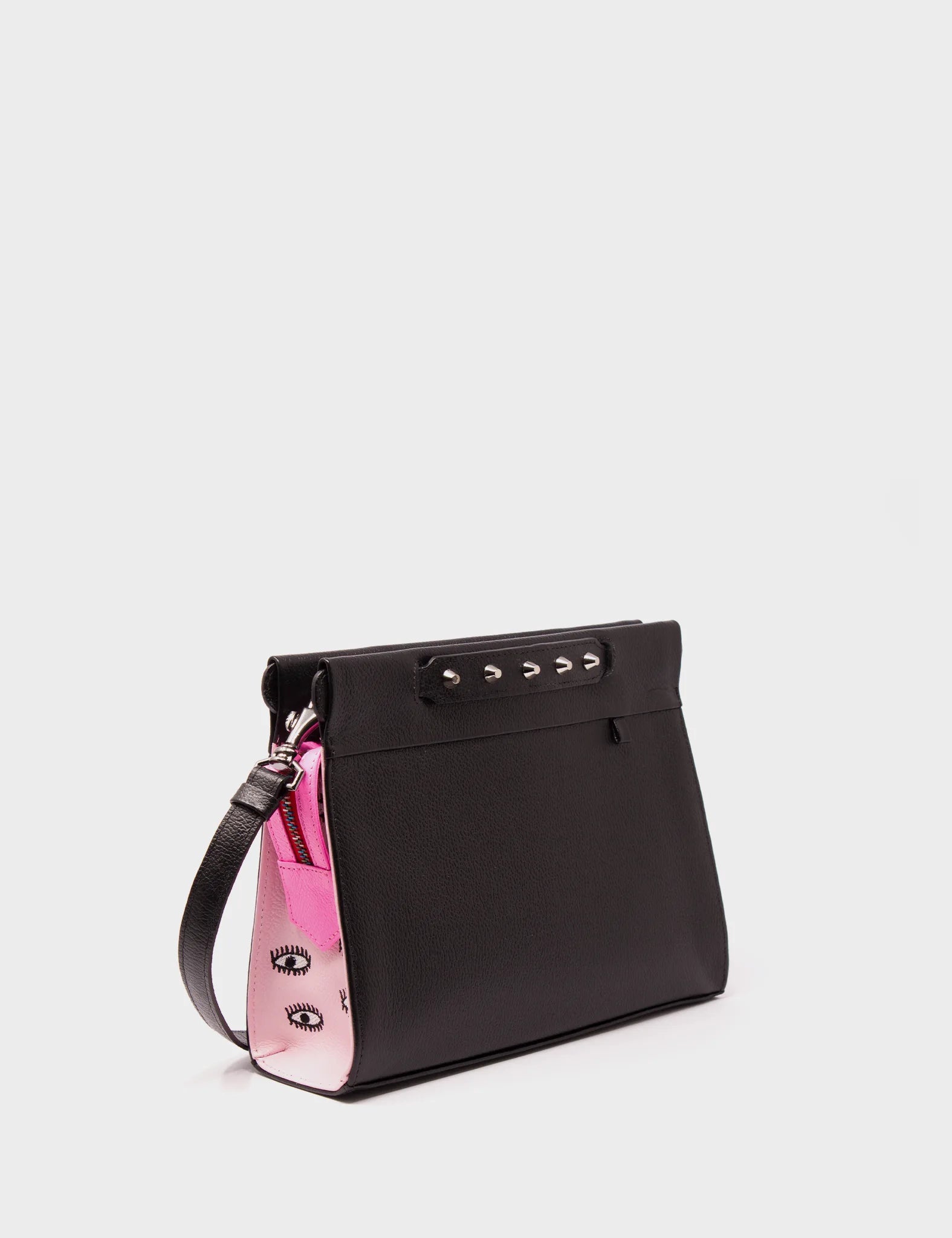 Bold tiger crossbody bag-Vali Crossbody Small Parfait Pink And Black Leather Bag - All Over Eyes Embroidery