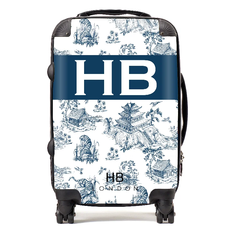 kid-friendly suitcase for playful travel -Personalised Navy Oriental Toile with Original Font Initial Suitcase