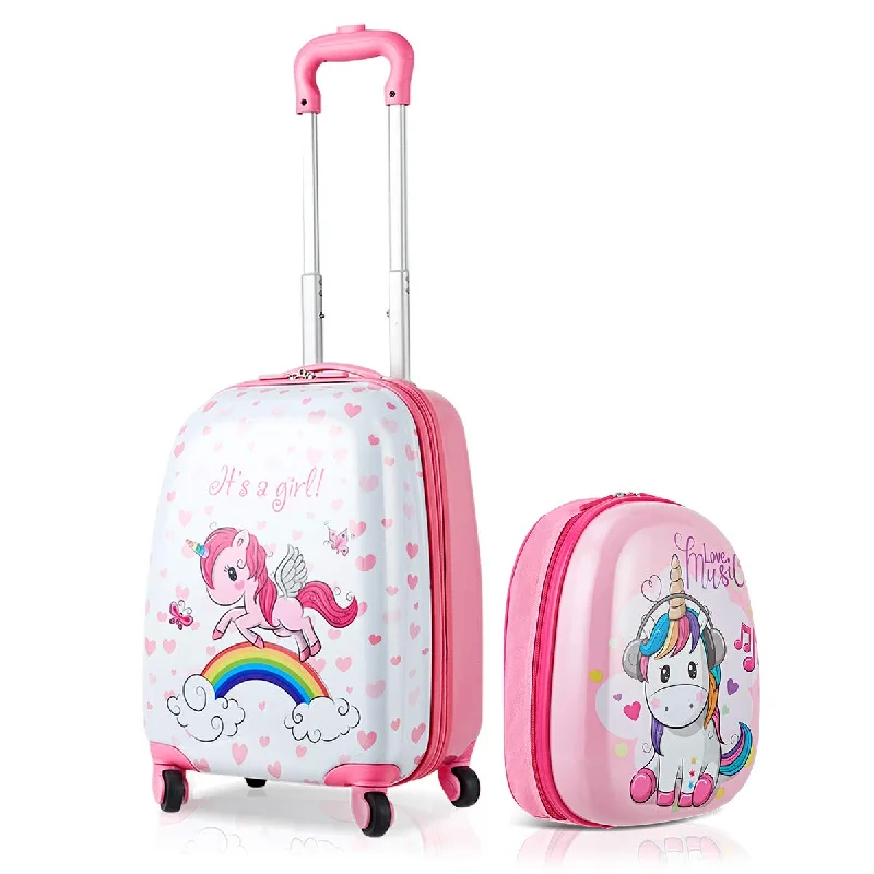 roll suitcase for easy moving -HONEY JOY 2Pc Kids Luggage Set, 12'' Backpack & 16'' Rolling Suitcase, Hard Shell Trolley Suitcase with Spinner Wheels, Carry On Luggage Set for Boys and Girls Travel (Unicorn)