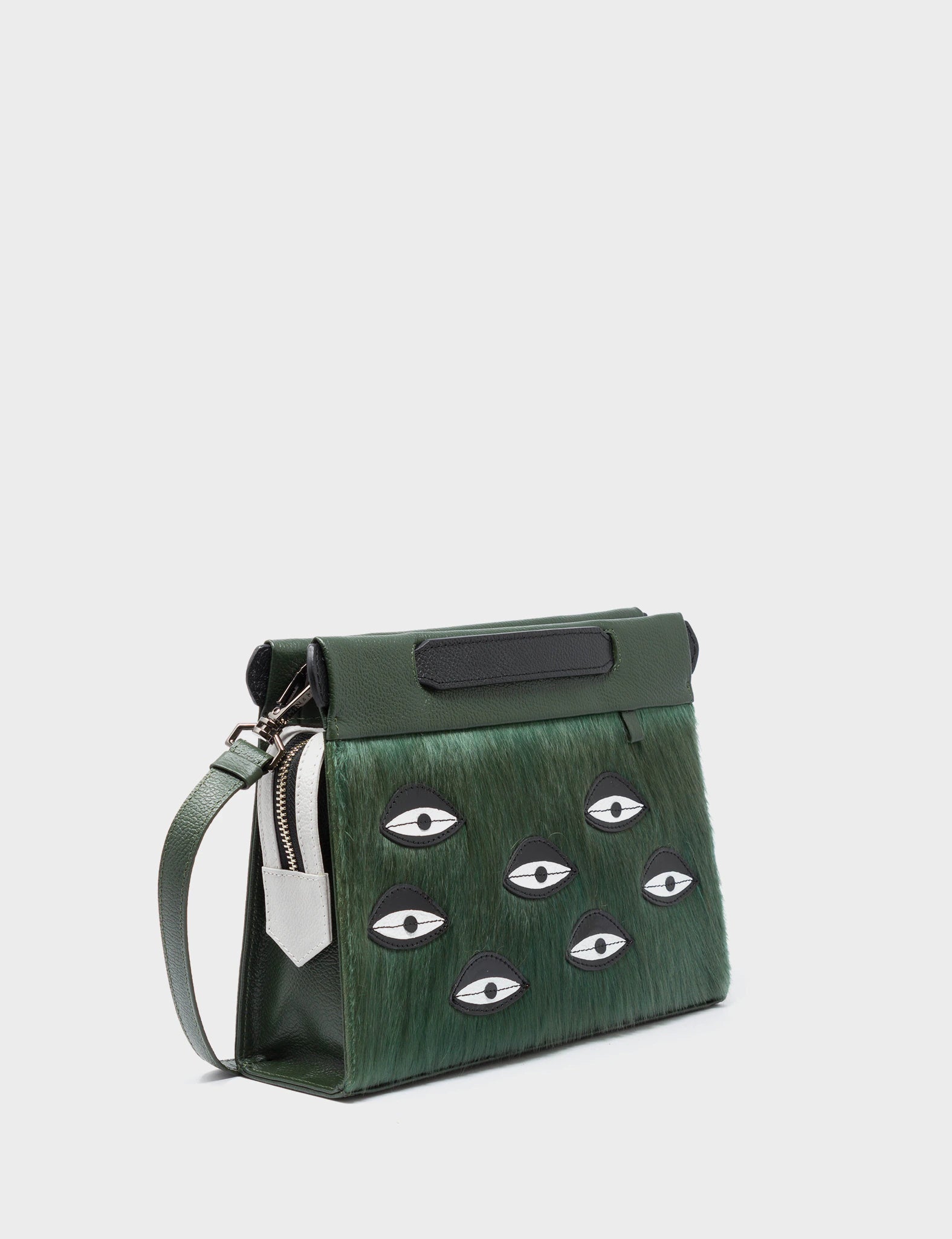 Spacious quilted work crossbody bag-Vali Crossbody Small Green And Black Leather Bag - Eyes Applique Adjustable Handle