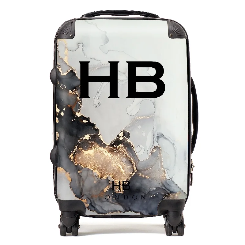 retro suitcase for old-school travel -Personalised Grey, Charcoal and Gold Ink Marble with Black Font Initial Suitcase