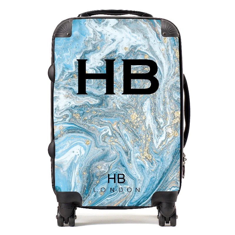 soft suitcase for easy packing -Personalised Blue and Gold Marble with Black Font Initial Suitcase