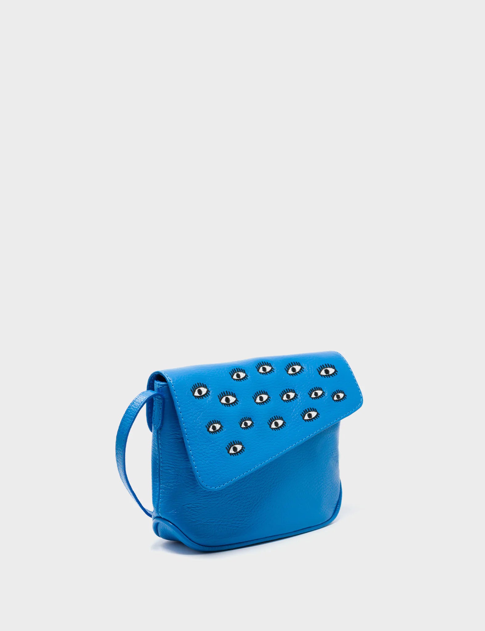 Durable canvas crossbody bag-Bruno Mini Crossbody Ibiza Blue Leather Bag - All Over Eyes Embroidery