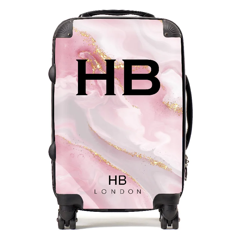 bright suitcase for fun kids -Personalised Pink, Grey and Gold Marble with Black Font Initial Suitcase