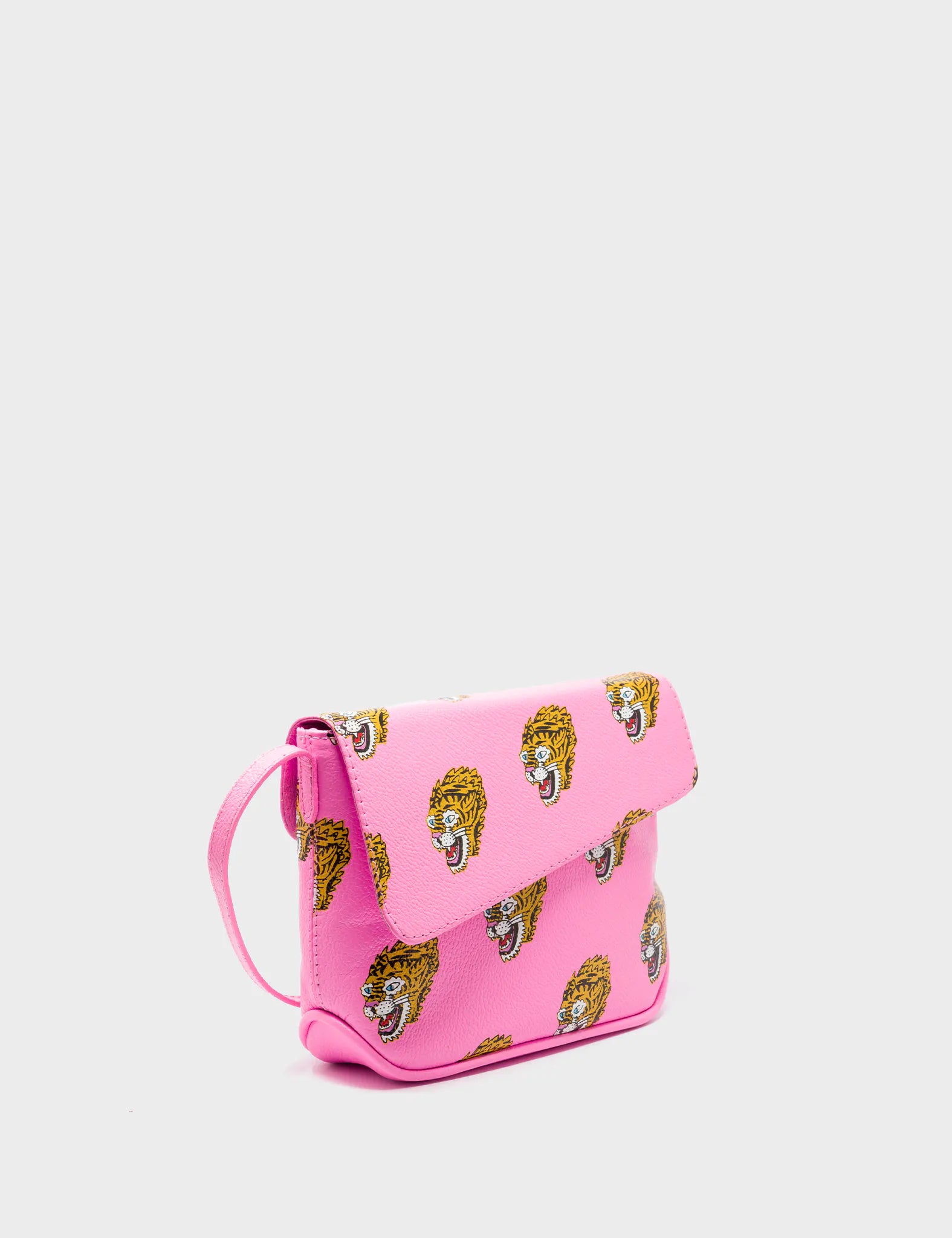 Modern tan crossbody bag-Bruno Mini Crossbody Bubblegum Pink Leather Bag - Blazing Tiger Print