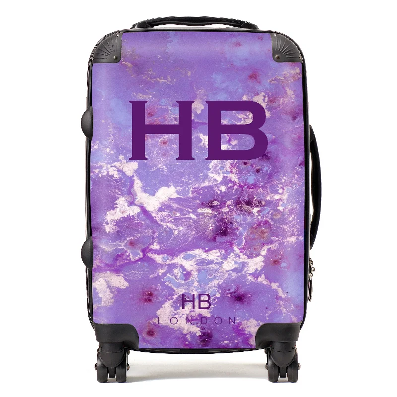 eco suitcase for planet-friendly trips -Personalised Purple and Off White Marble with Purple Font Initial Suitcase