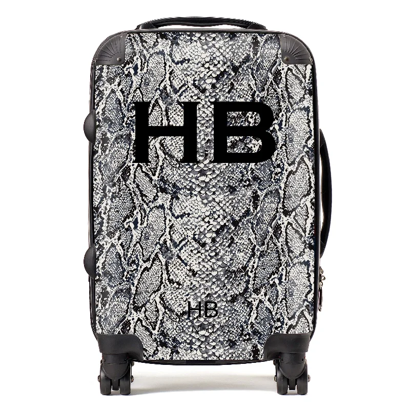 bright suitcase for cheerful journeys -Personalised Grey Snake Skin Print with Black Font Initial Suitcase