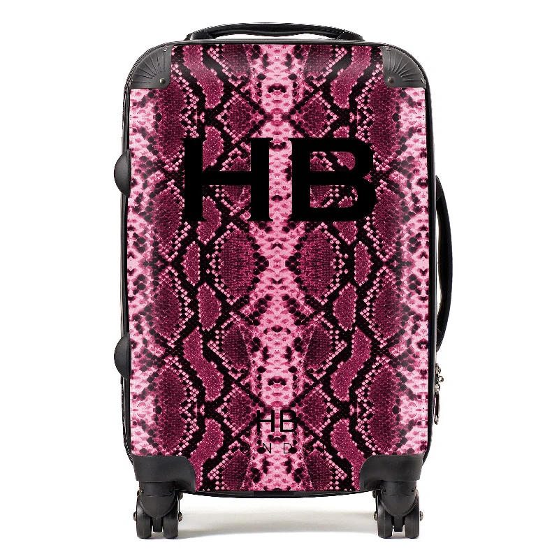 holiday suitcase for summer trips -Personalised Cranberry Snake Skin Print with Black Font Initial Suitcase