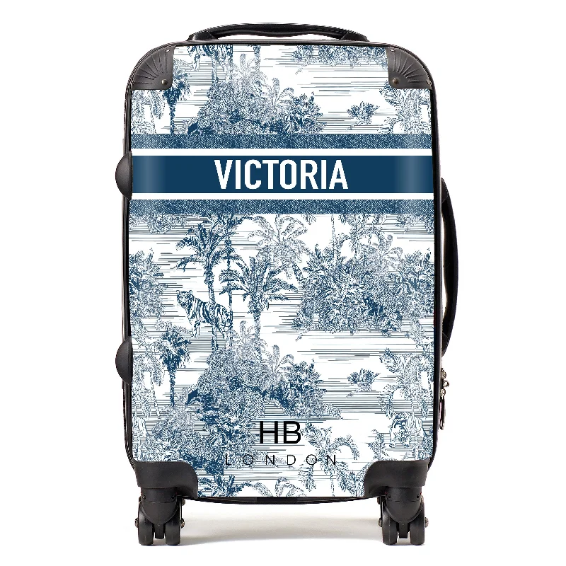 soft suitcase for versatile trips -Personalised Navy Tiger Toile with Designer Font Initial Suitcase