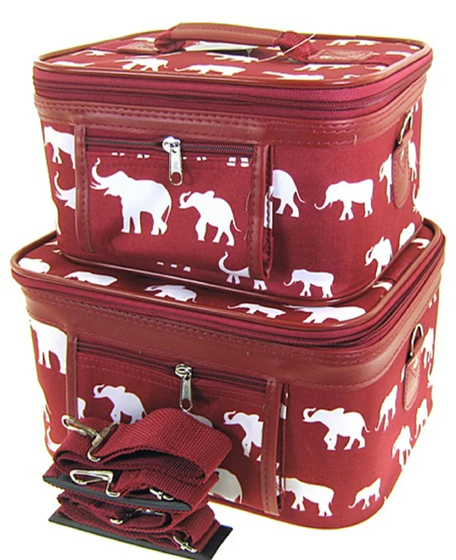 oversized suitcase for family holidays -Elephant Print 2 Piece Train Case Cosmetic Set Travel Toiletry Luggage (Burgundy Red)