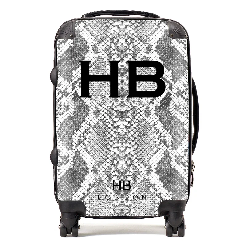 wheeled suitcase for smooth moves -Personalised White Snake Skin Print with Black Font Initial Suitcase