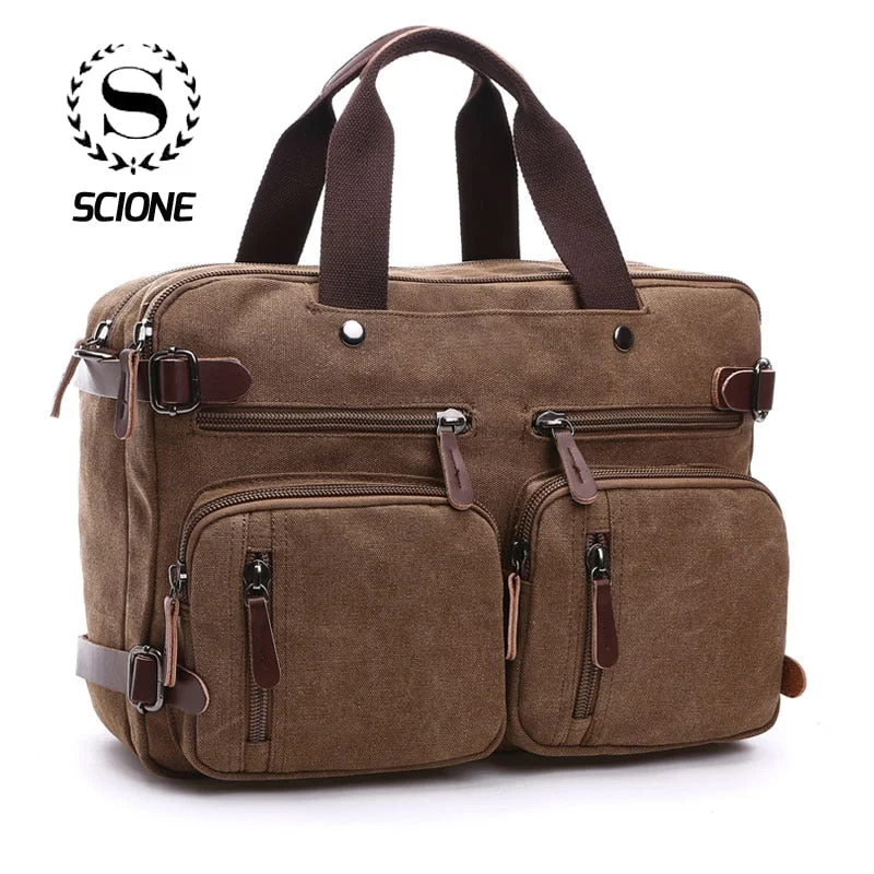 fast suitcase for quick getaways -Scione Men Canvas Bag Leather Briefcase Travel Suitcase Messenger Shoulder Tote Back Handbag