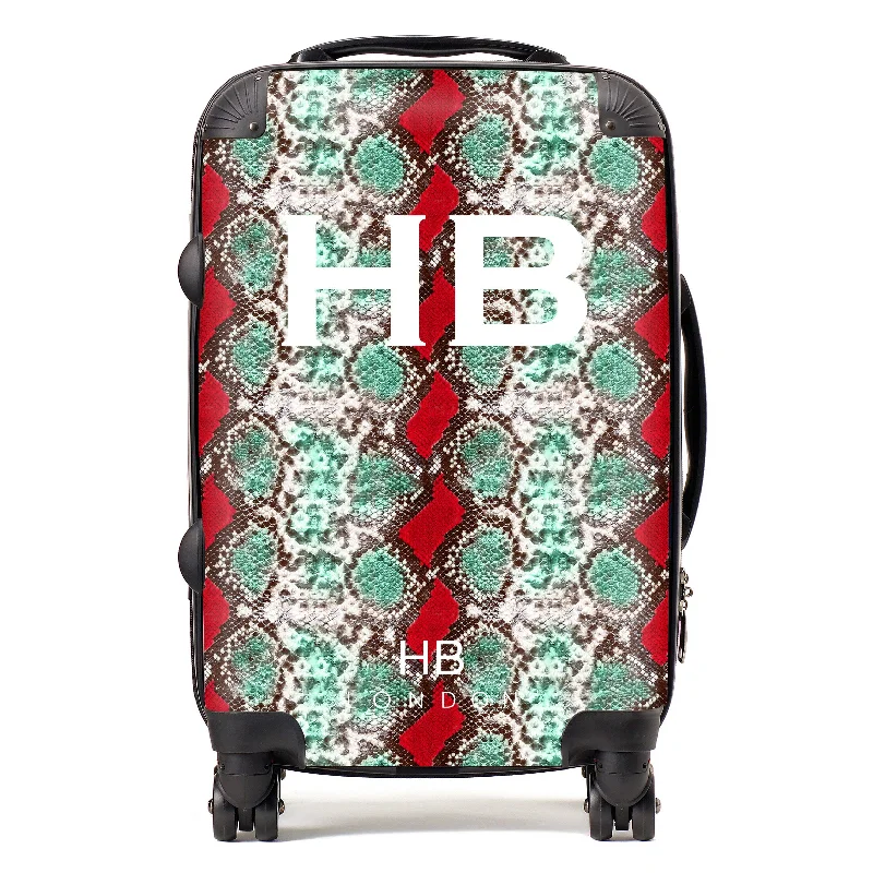 classic suitcase for timeless trips -Personalised Green and Red Snake Skin Print with White Font Initial Suitcase