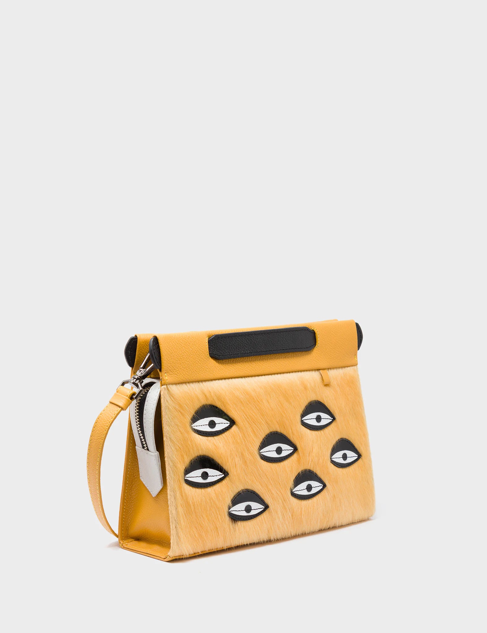 Designer grey crossbody bag-Vali Crossbody Small Golden And Black Leather Bag - Eyes Applique Adjustable Handle