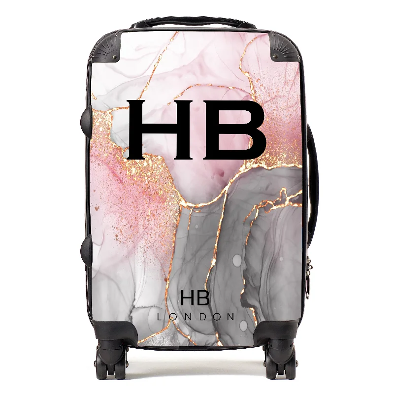 high-class suitcase for elite journeys -Personalised Grey, Pink and Gold Ink Marble with Black Font Initial Suitcase