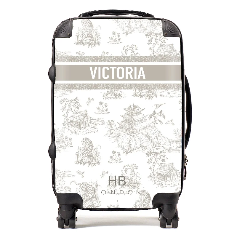 pocketed suitcase for neat packing -Personalised Greige Oriental Toile with Designer Font Initial Suitcase