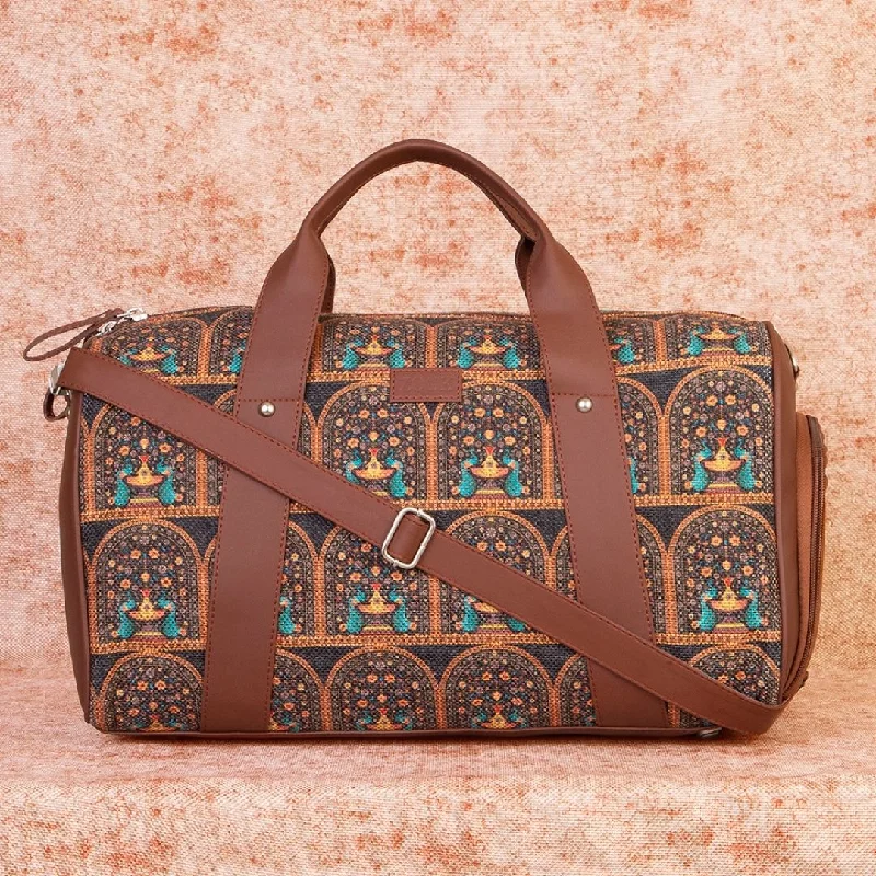 budget duffel bags for thrifty trips -Royal Indian Peacock Motif Medium Duffel Bag