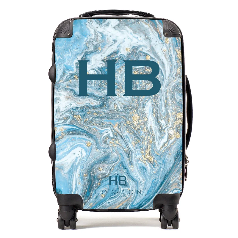 urban suitcase for city trips -Personalised Blue and Gold Marble with Blue Font Initial Suitcase