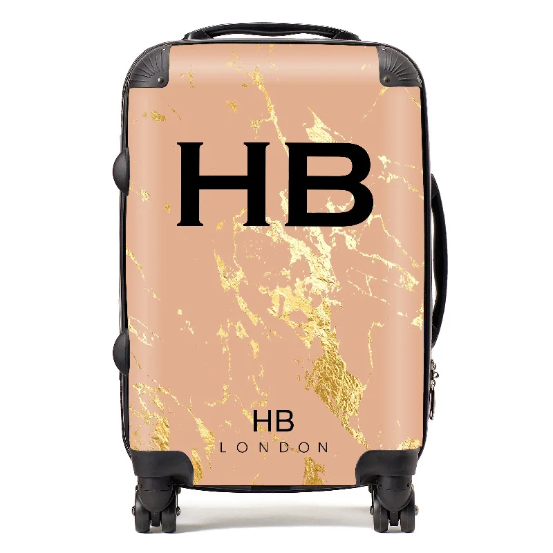 thrifty suitcase for cost-conscious trips -Personalised Peach and Gold Marble Initial Suitcase