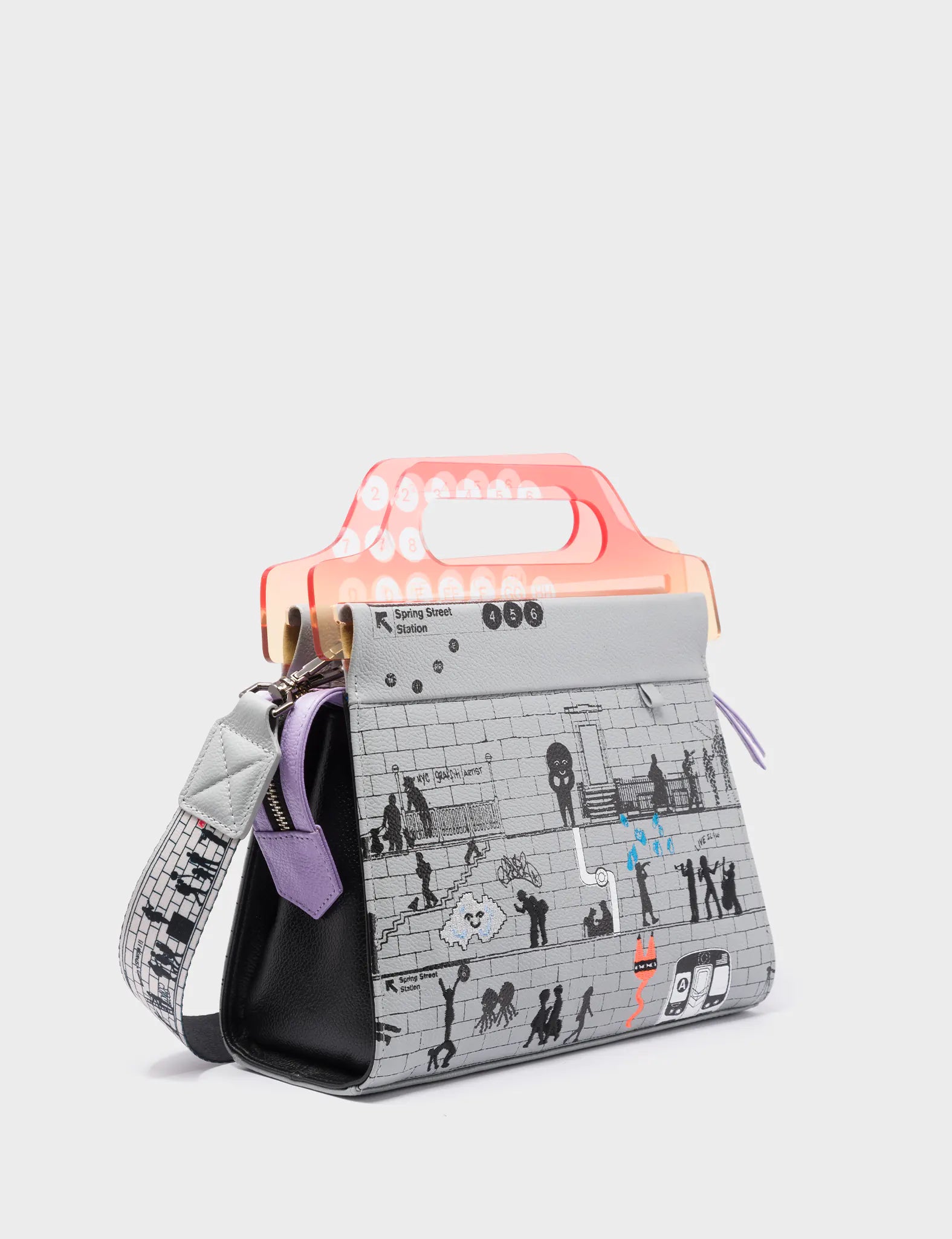 Trendy pink crossbody bag-Vali Gray Leather Crossbody Handbag Plastic Handle - Subway Stories Design